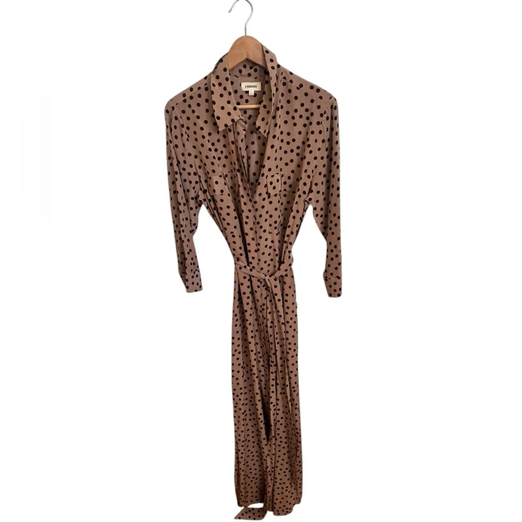 L'AGENCE Cameron belted polka-dot silk crepe maxi shirt dress tan brown L - Image 6