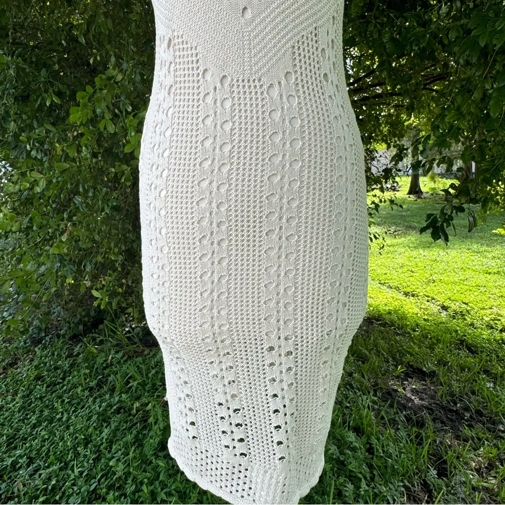 Olive & Oak Crochet Boho Tank Bodycon Midi Dress Lined Size S Beige Cottagecore - Image 4