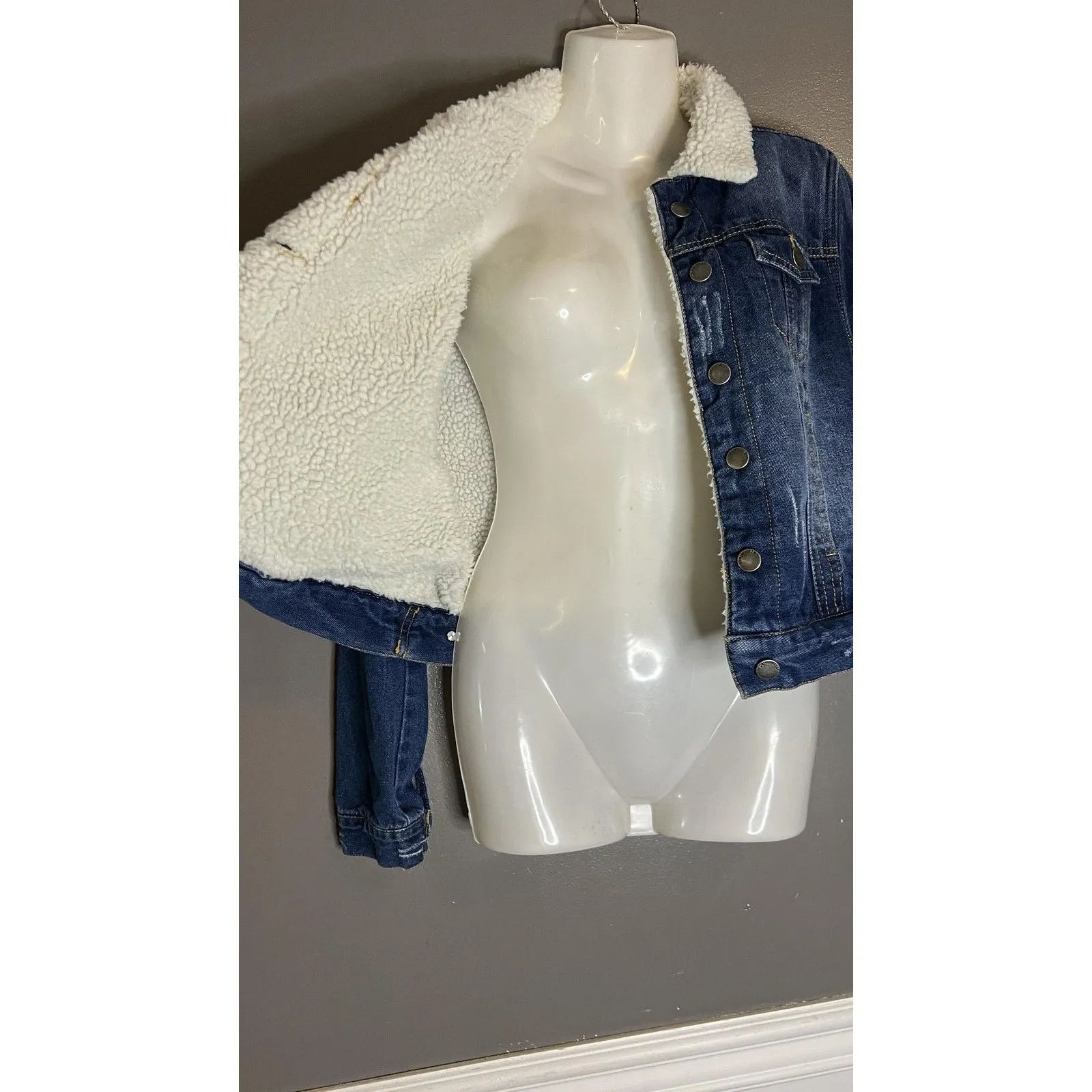 Reserve Fairfax Jacket Womens Small Sherpa Lined Denim Trucker Shearling Collar Blue - Image 5