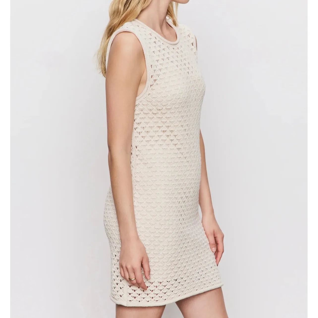 Sanctuary Women Knit Crochet‎ Sleeveless Mini Dress M Cream Textured Open Weave - Image 3