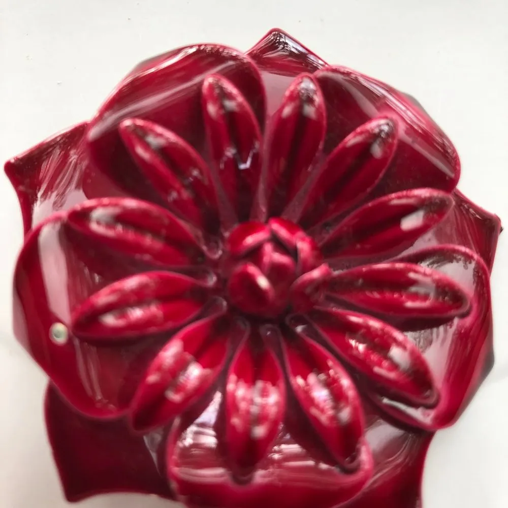 Vintage Metal Layered Flower Brooch and Ear Clips Red 2 1/4" x 2 1/4" + 1.5" Set - Image 2