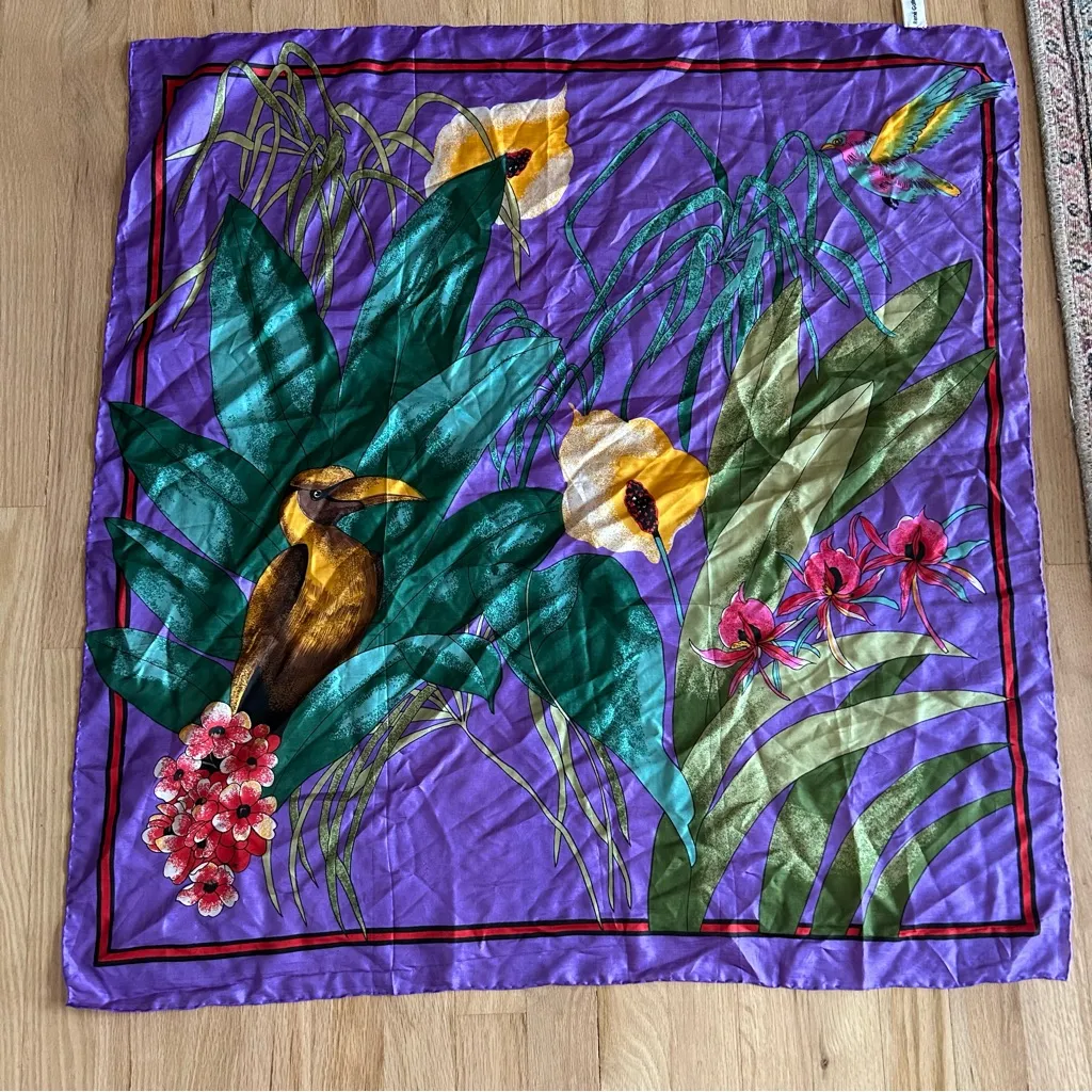 Rene gallet 100% pure silk vintage tropical bird square scarf leaves flowers Purple - Image 3