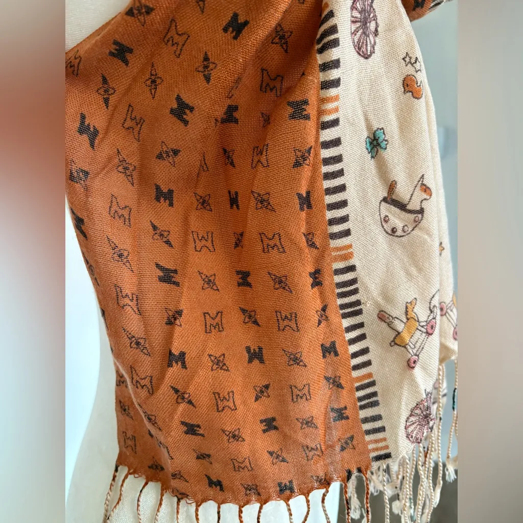 Metrocity Eclectic Patterned Scarf in Brown and Orange Tasseled One Size - Image 6