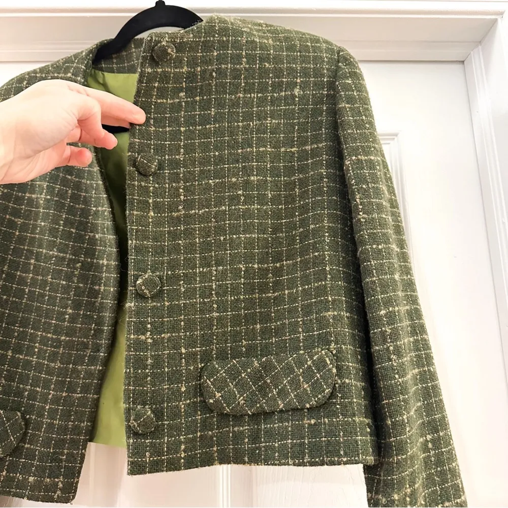 Vintage Tweed Wool Blazer Skirt Suit Set sz Small Green - Image 10