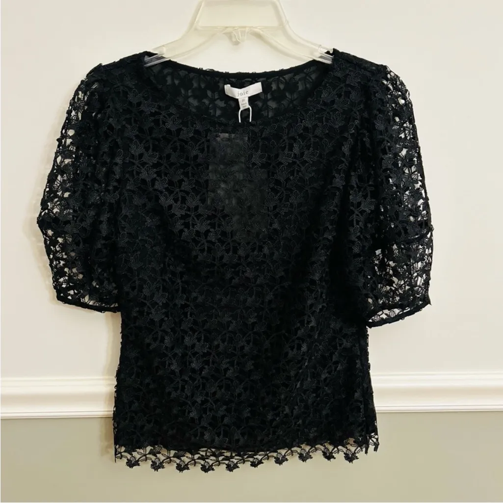Women’s Joie Marybeth Black Lace Puff Sleeve Top Holiday Sexy Size 00 NWT - Image 2