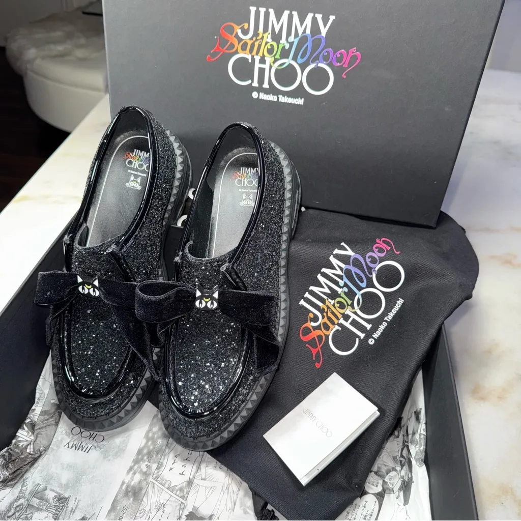 Jimmy Choo x Sailormoon Luna Marlow Glitter Moccasin Loafer Velvet Bow Cat Charm - Image 12