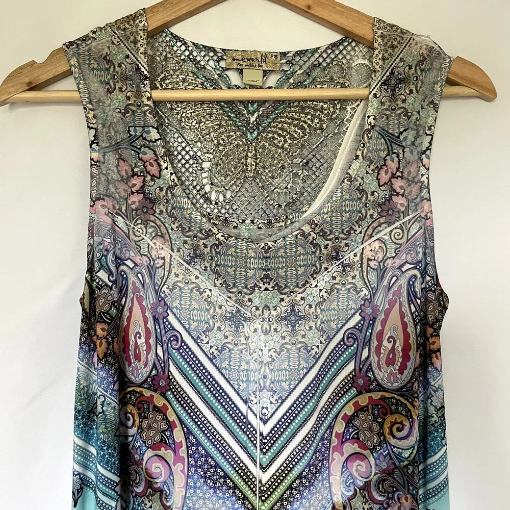 one world boho maxi colorful dress sleeveless butterfly crochet back petite S - Image 2