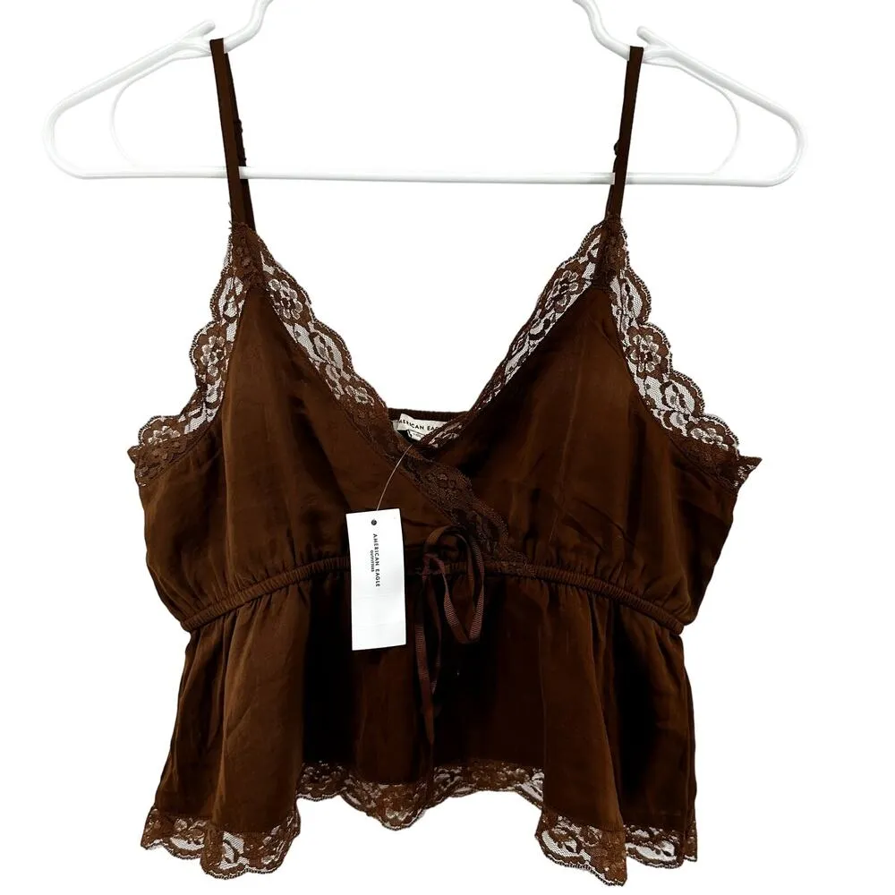 American Eagle Prettiest Lace-Trim Cami Tank Top Tie Front Peplum Brown S NWT - Image 2