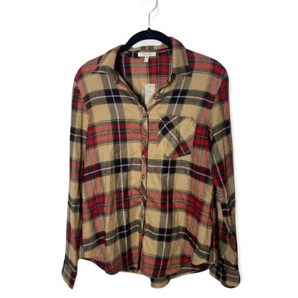 Maurices XS Plaid Flannel Button Down Shirt Tan Red NWT - Image 2