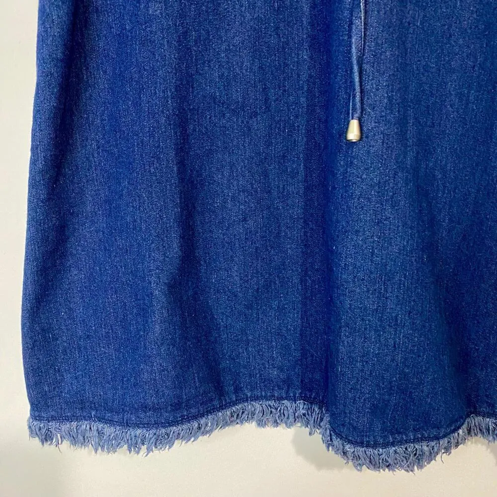 JOA Women's Lace-Up Neckline Fringe Mini Dress Blue Denim Size Small EUC - Image 3
