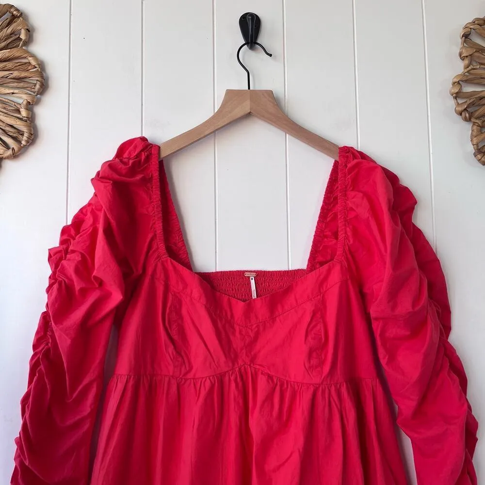 Free People mini dress babydoll dress cotton puff sleeves ruched pleated - Image 3