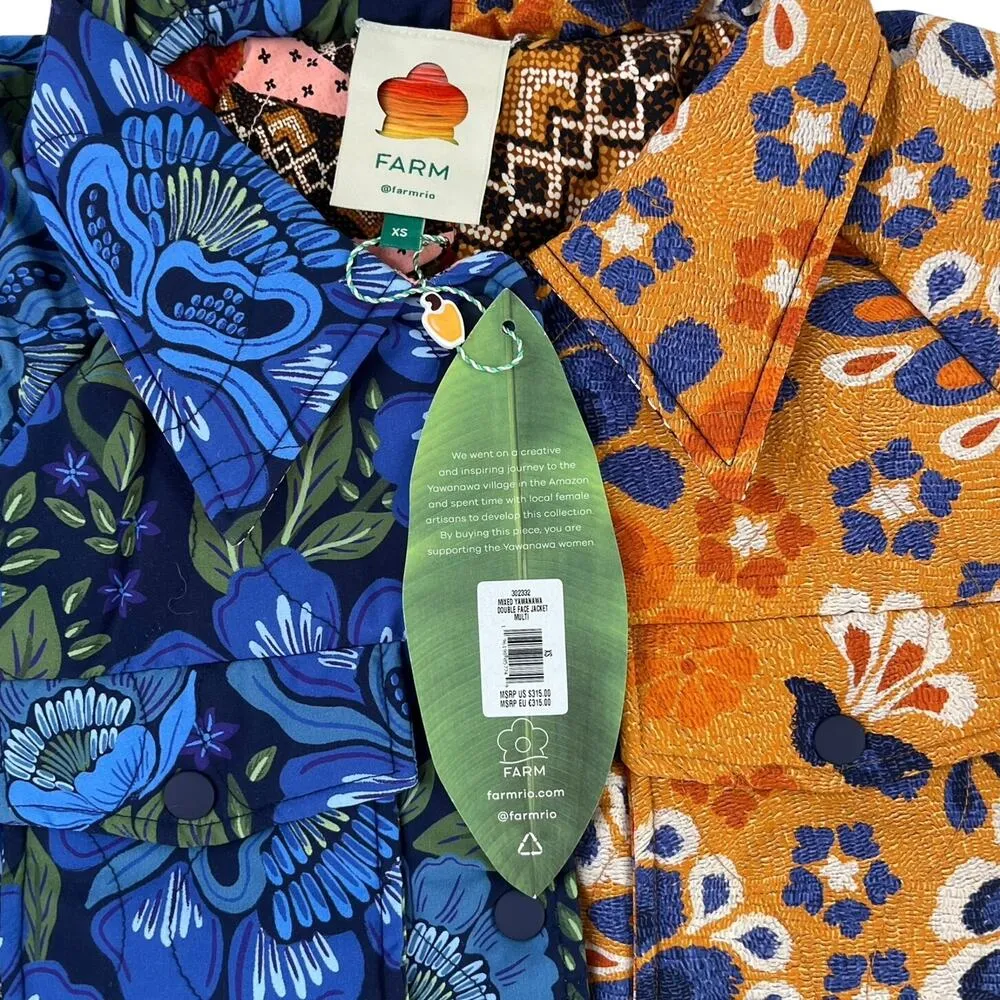 NWT FARM Rio Women's Mixed Yawanawa Reversible Puffer In Blue Multi Size XS - Image 6