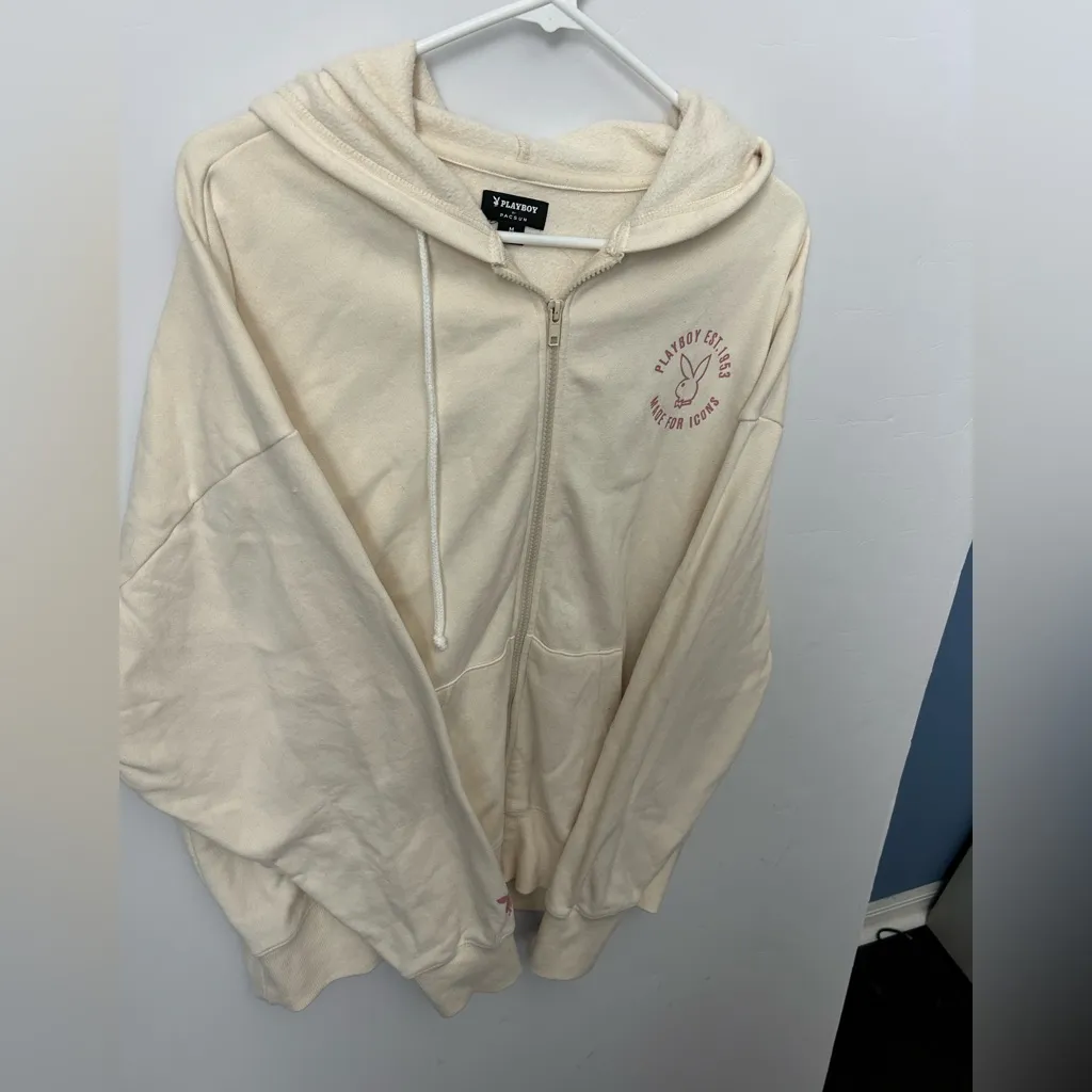 Pacsun Playboy Zip-Up Hoodie light yellow w pink bunny oversized medium - Image 2