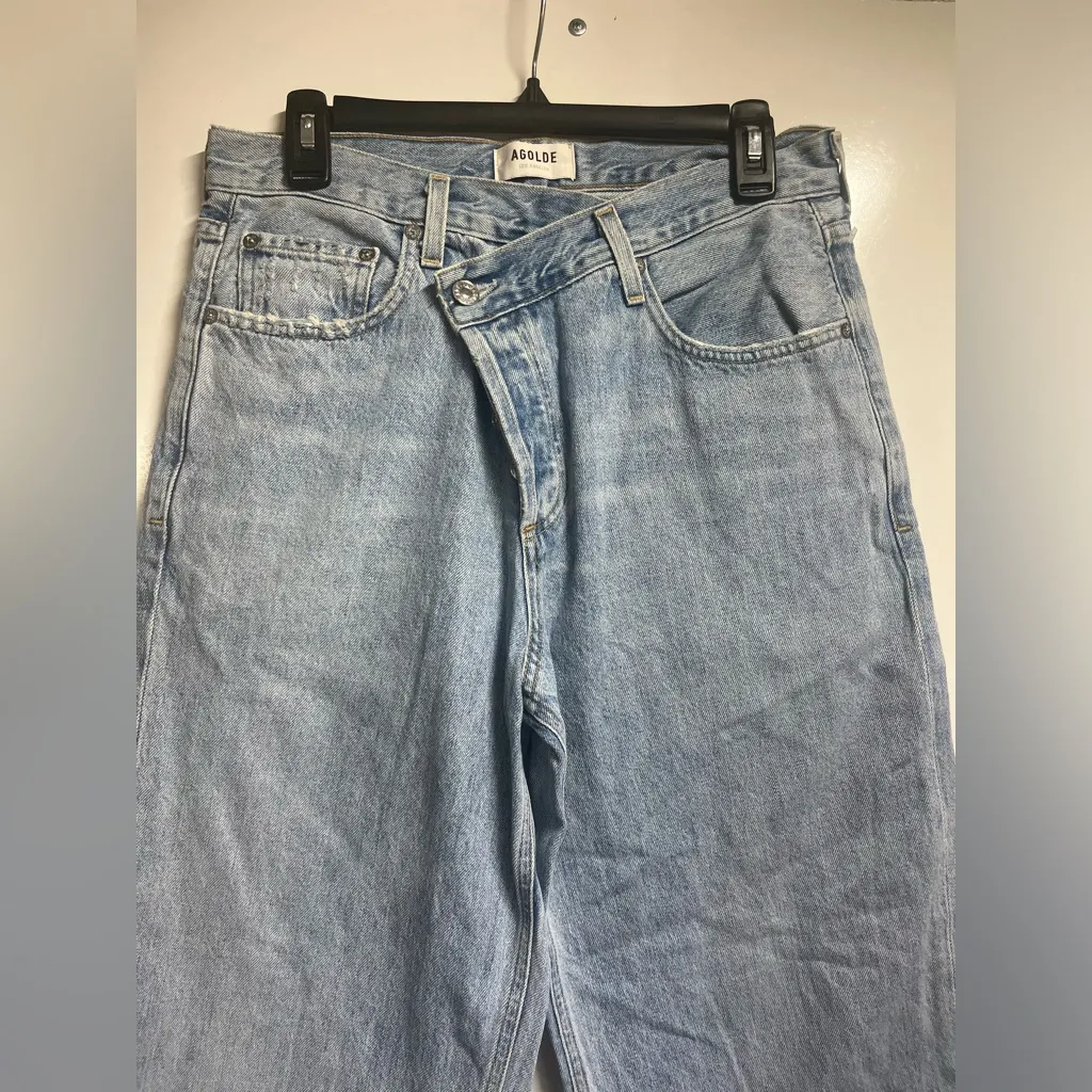 NEW Agolde criss cross button fly cropped raw hem wide leg denim jeans size 27 - Image 2