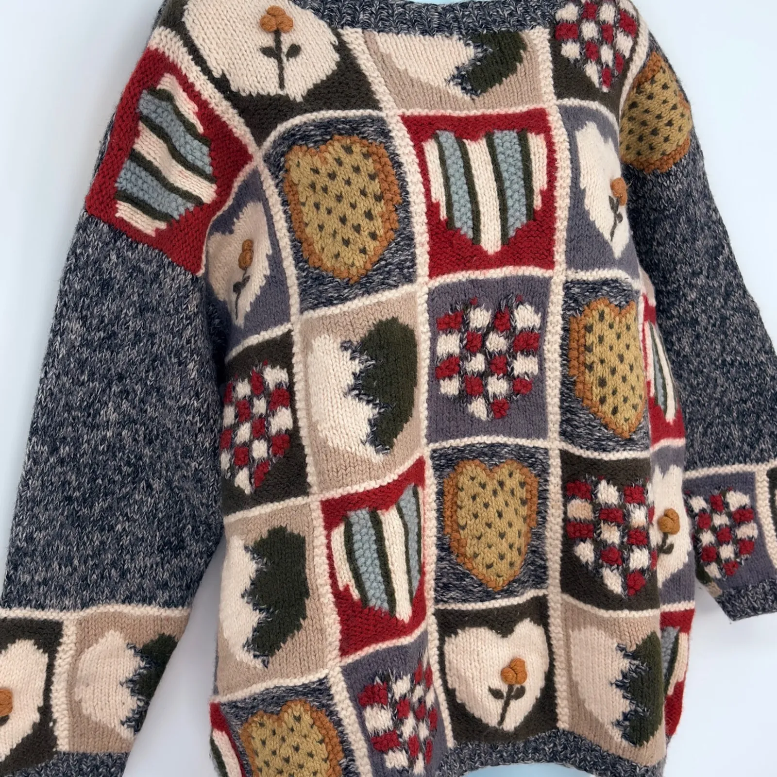 VTG Jennifer Reed Wool Knit Sweater Women Heart Flower Patchwork Oversized L/XL Gray Size L - Image 3