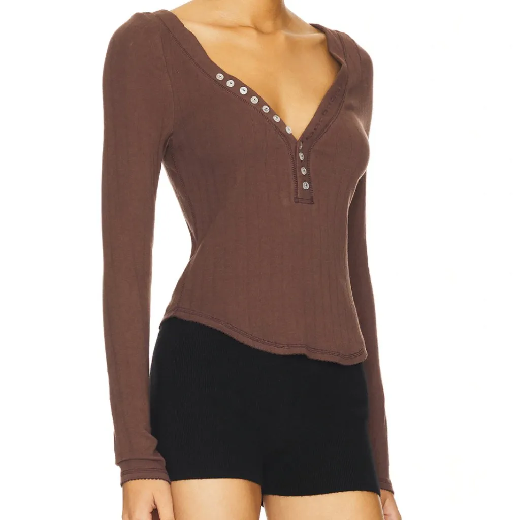 Free People Henley coffee chat long sleeve womens Brown (xlarge) lounge casual - Image 4