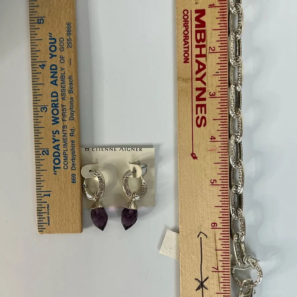 Etienne Aigner Purple Faceted Gemstones Silver Tone Bracelet Dangle Earrings - Image 4