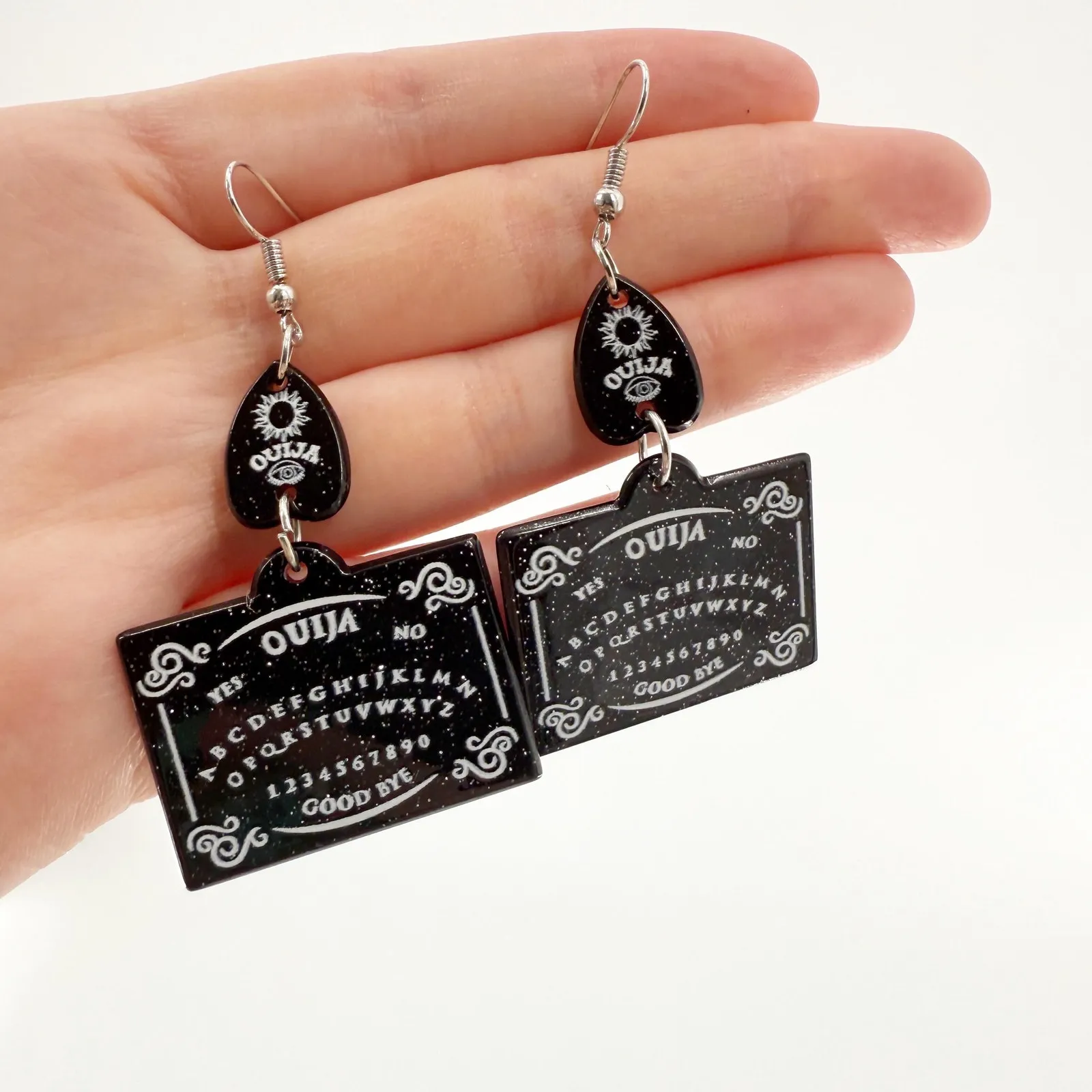 Glitter Ouija Board Earrings, Witchy Planchette Earrings, Gothic Jewelry, Goth Black - Image 3