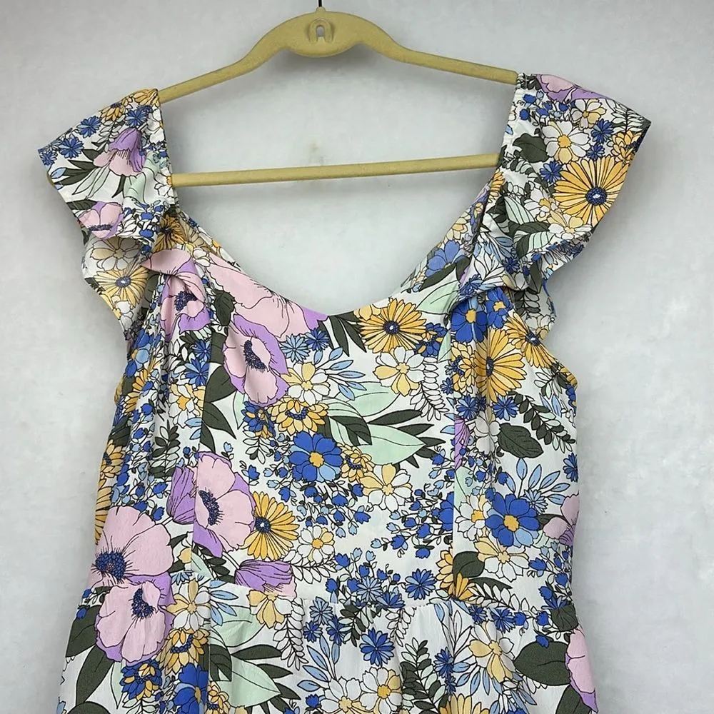 Purple Boho Floral Print Ruffled Square Neck Dress Sz M Tie Back - Image 4