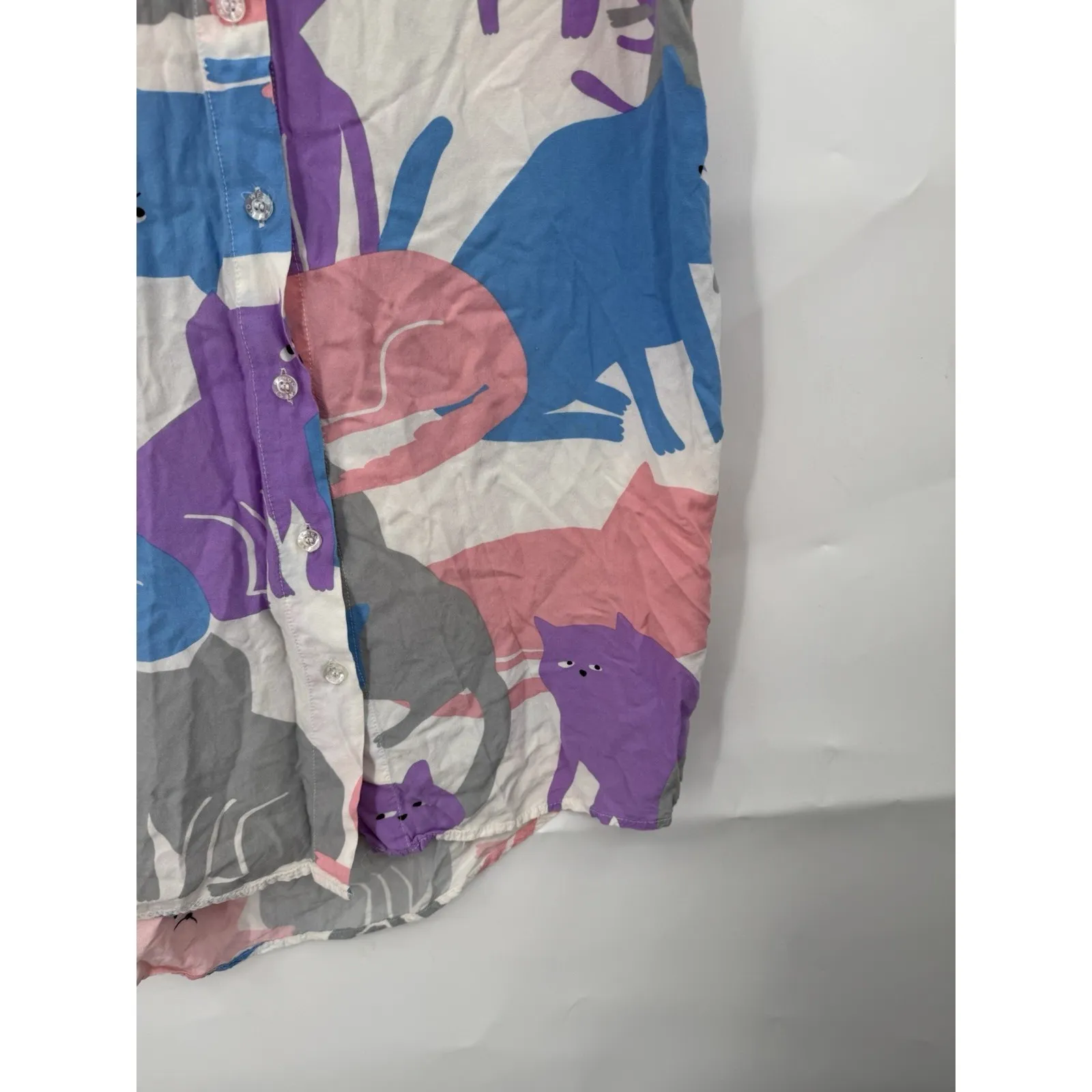 Abaday Cartoon Cat Button Front Short Sleeve Shirt Women Small Colorful Retro - Image 5