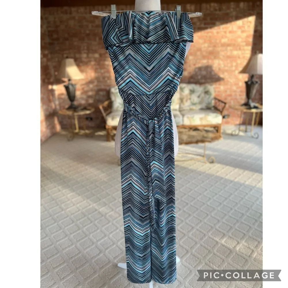 WHBM Blue Black Multi Striped Strapless Jumpsuit XXS - Image 9