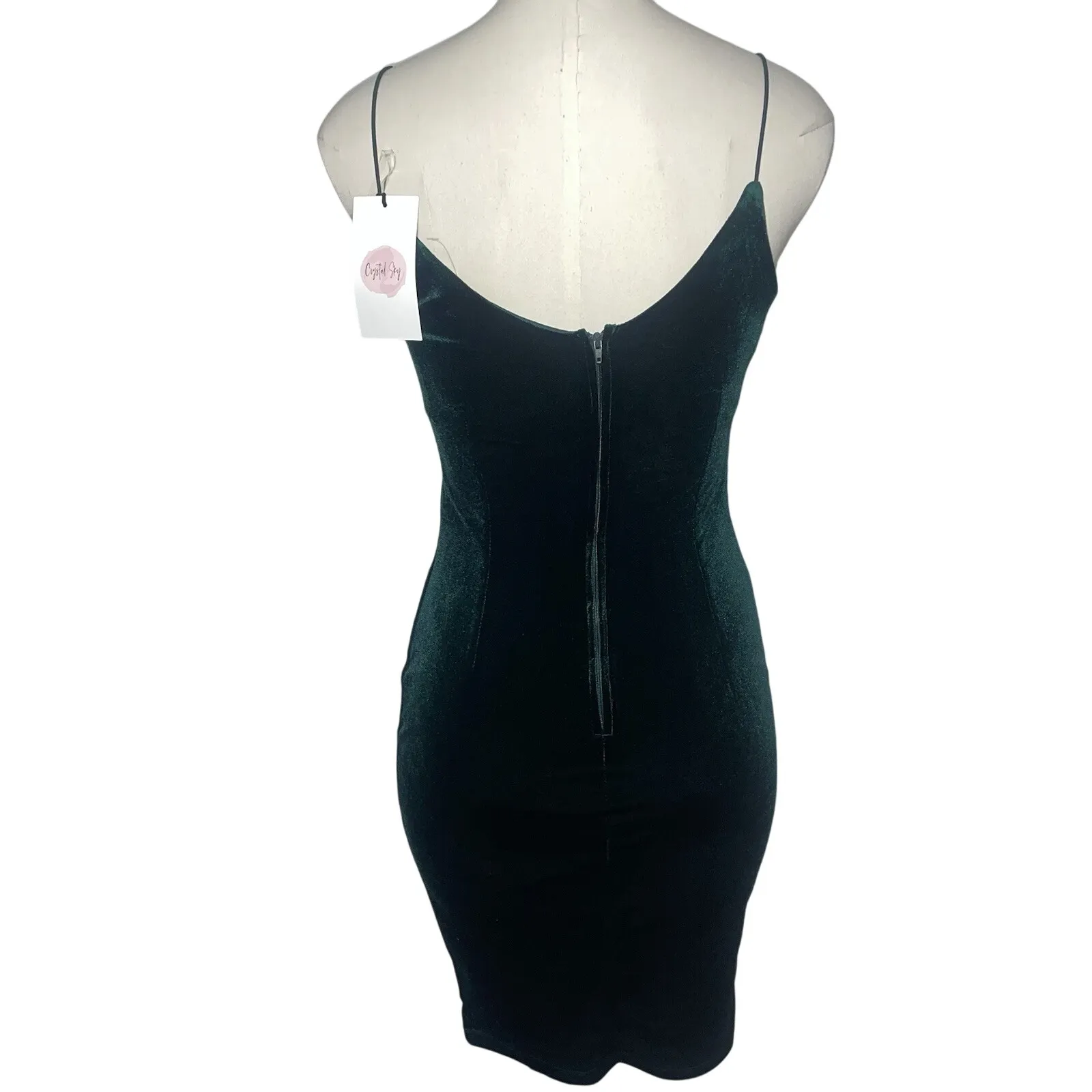 Crystal Sky Velvet V‎ Neck Spaghetti Strap Bodycon Mini Dress Green Size S - Image 6