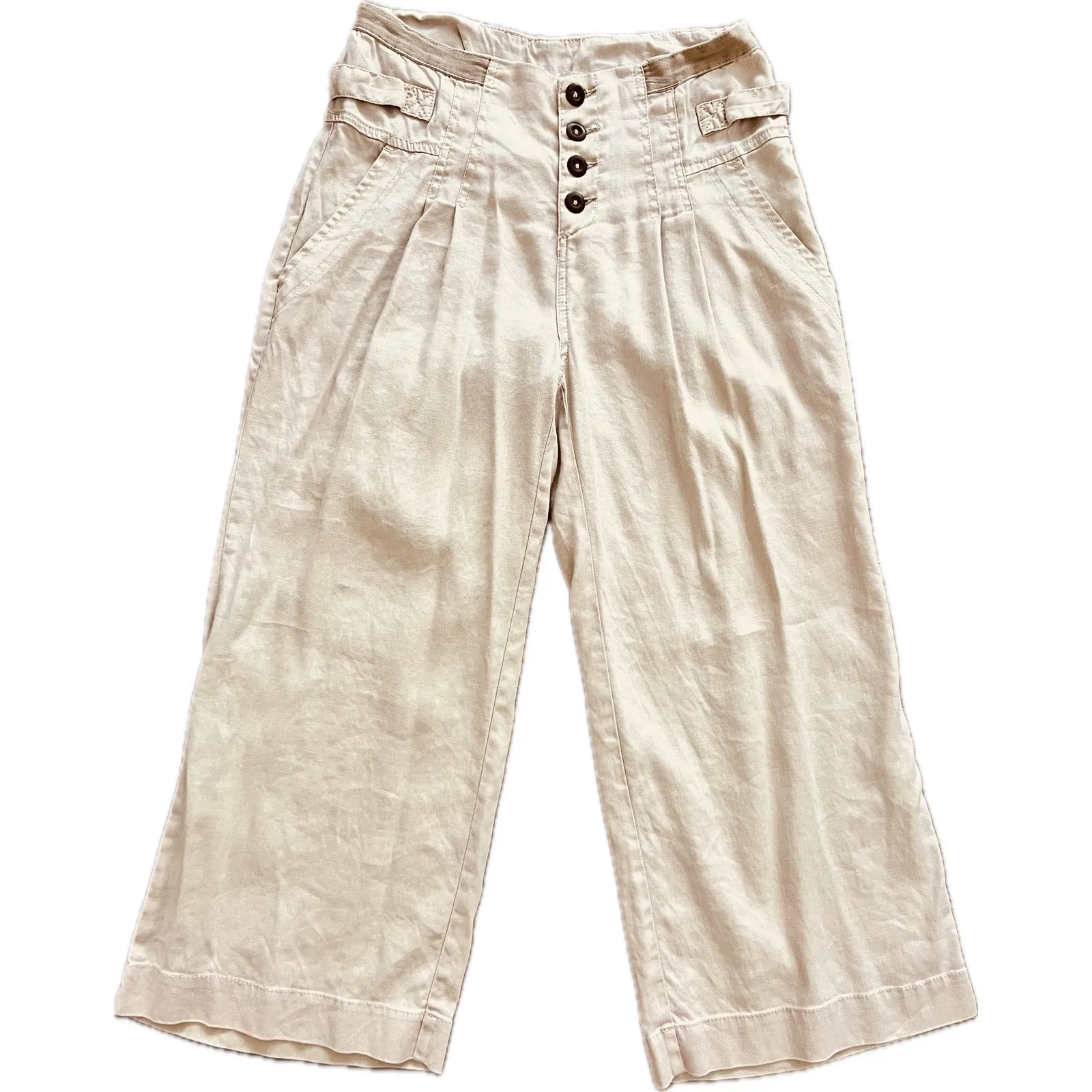 Sundance The Villa Wide Leg Cropped Linen Blend Pants Size 4 Khaki Cream - Image 2