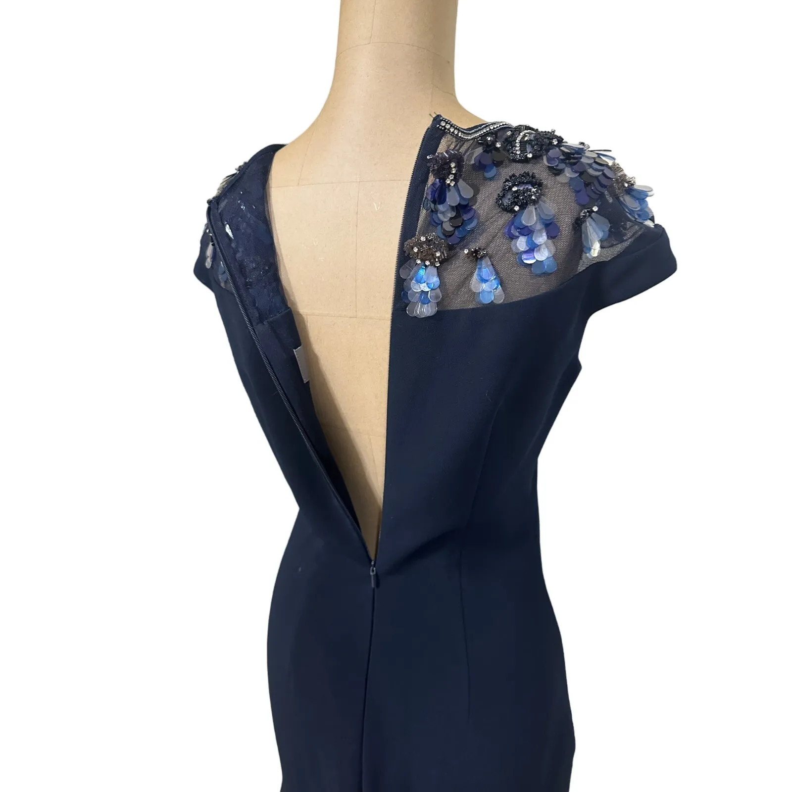 Theia Maxi Gown Midnight Blue Cap Sleeve Sheer Beaded Shoulder Size 0 - Image 12