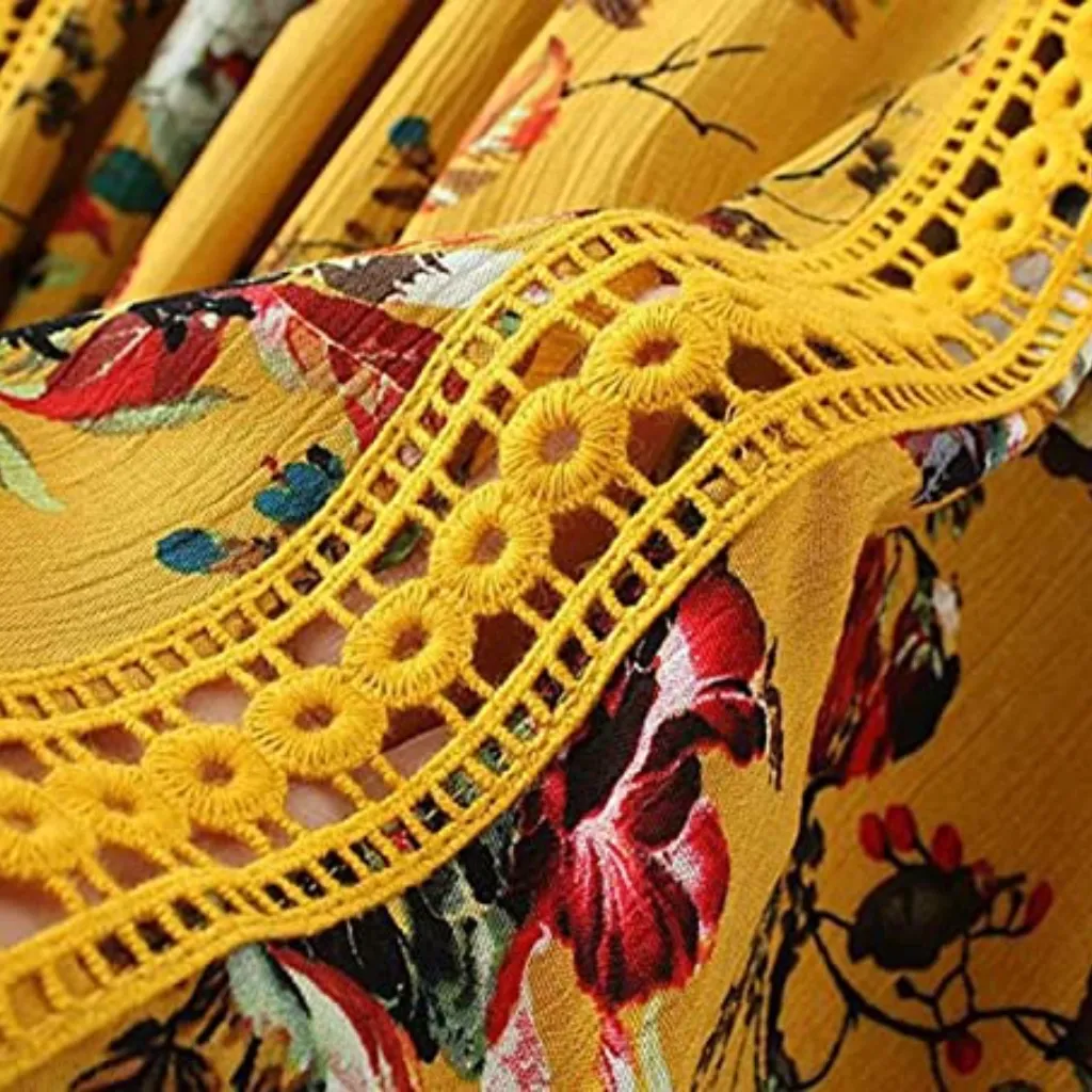 Womens Floral Boho Crochet Accent Lantern Sleeve Dress sz small Yellow - Image 3