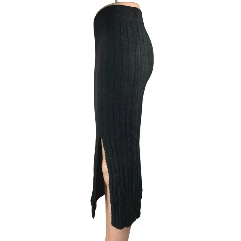 NEW Aerie Women's Black Ribbed Knit Pull On Slip Midi Pencil Slit Skirt Size XXS - Image 2