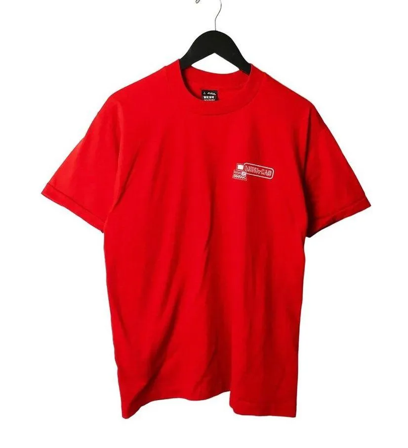 Vintage 90s Monu-Cad Computer T-Shirt Red Large Graphic Tee USA 50/50 Unisex - Image 2