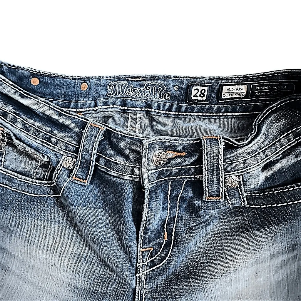 Miss Me Women's Mid-Rise Cuffed Stretch Capri Jeans Blue Embellished Bling - Image 5