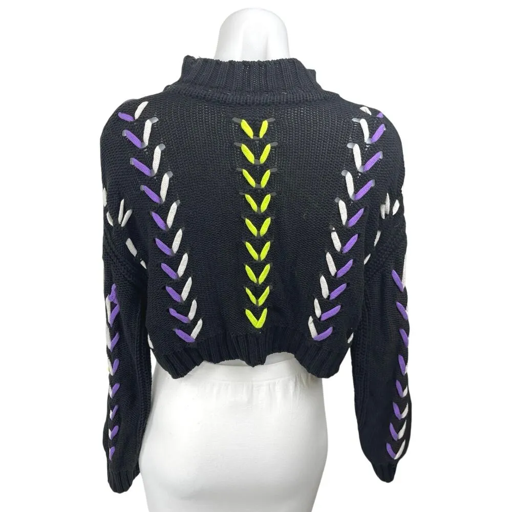 Forever 21 Black Lace Up Long Sleeve Mock Neck Pullover Crop Sweater Top Size M - Image 2