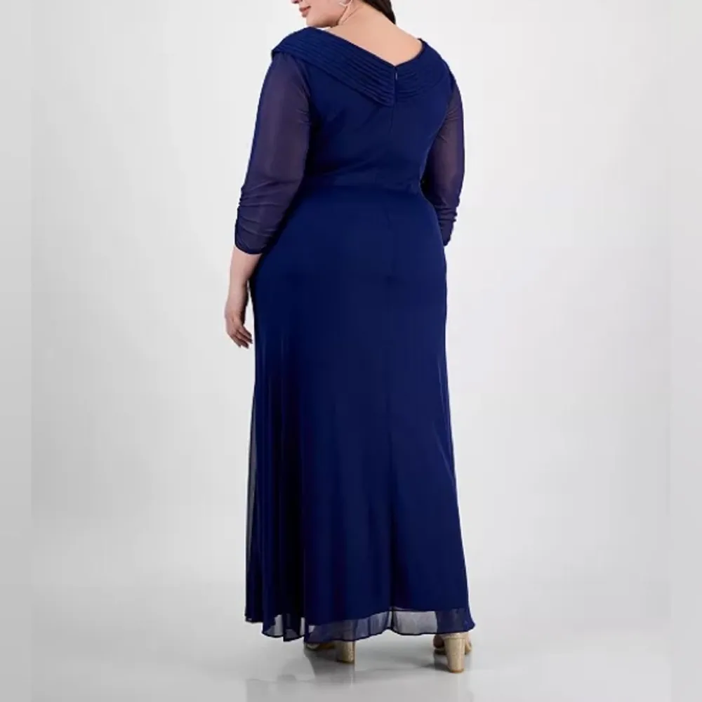 Alex Evenings Plus Size Portrait-Collar Side-Ruched A-Line Dress Blue Sz 18W - Image 5
