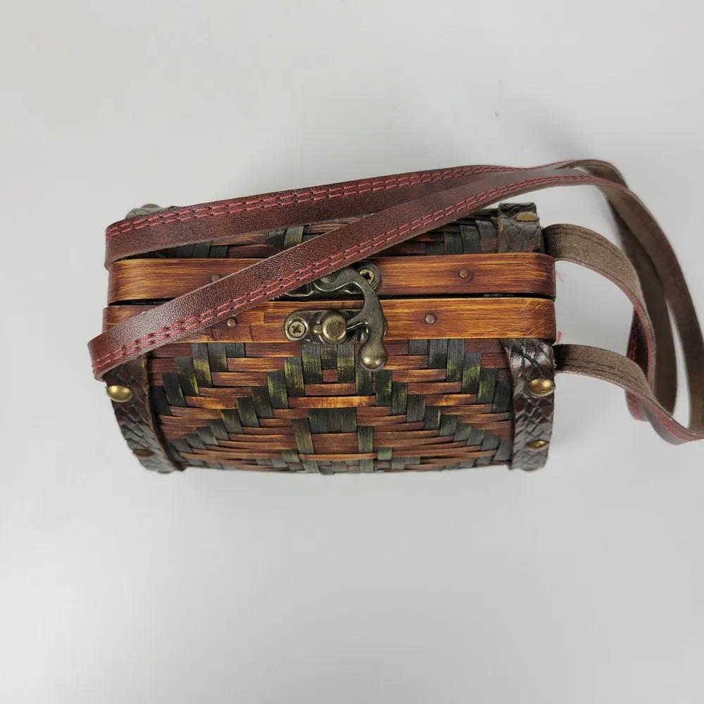 Vintage Basket Purse Two Tone Brown Rattan Bamboo Leather Trim Woven Hinged - Image 2