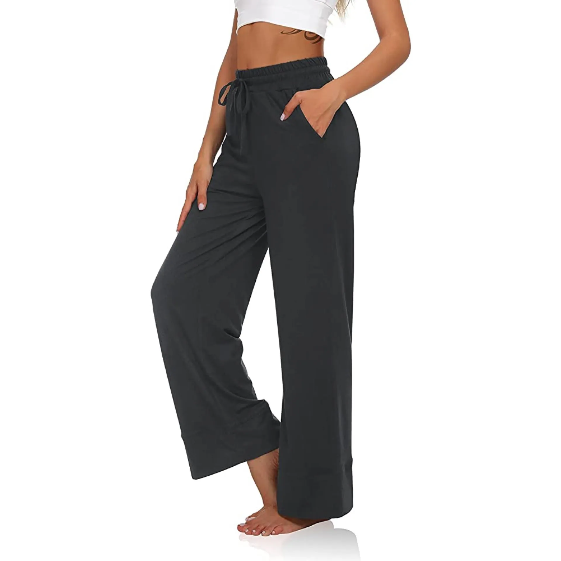 Wide Leg Yoga Pants Drawstring Workout Lounge Pants with Pockets Dark Gray S - Image 3