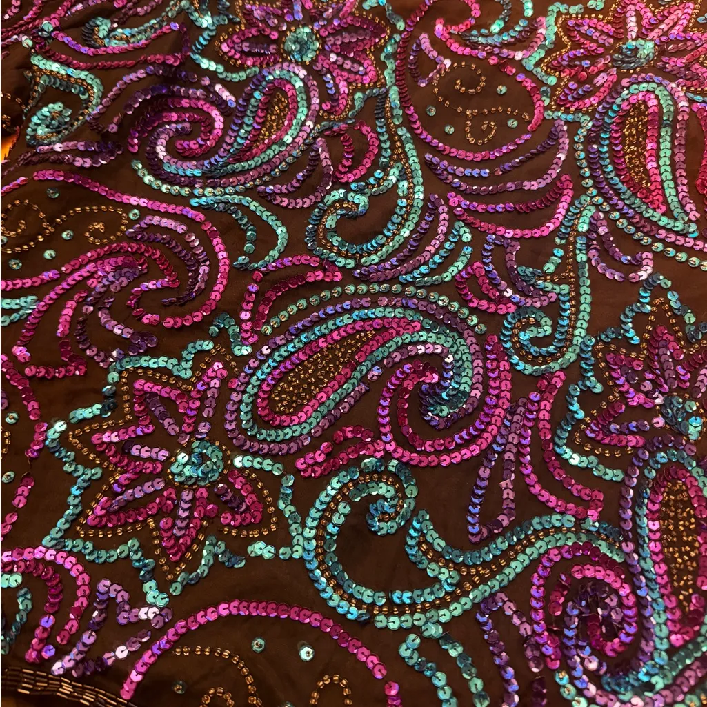 Laurence Kazar XL Silk Sequin Beaded Top Black Purple Teal Vintage Short Sleeve - Image 11