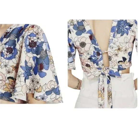 Zara Floral Tie Crop Top Blue Peach Print Flutter Sleeve Medium Blogger Fav - Image 4