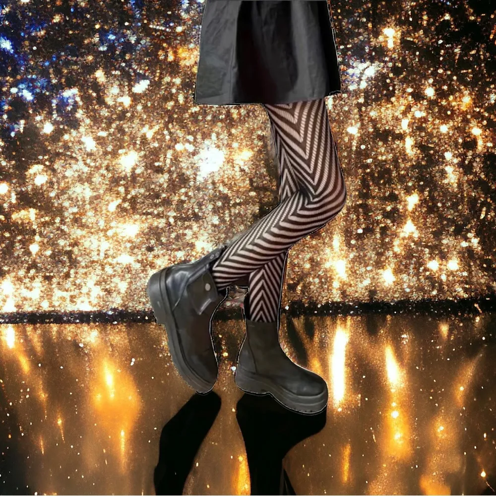 Striped Black Fishnet Tights, High Waist Hollow Out‎ Mesh Pantyhose One Size - Image 2