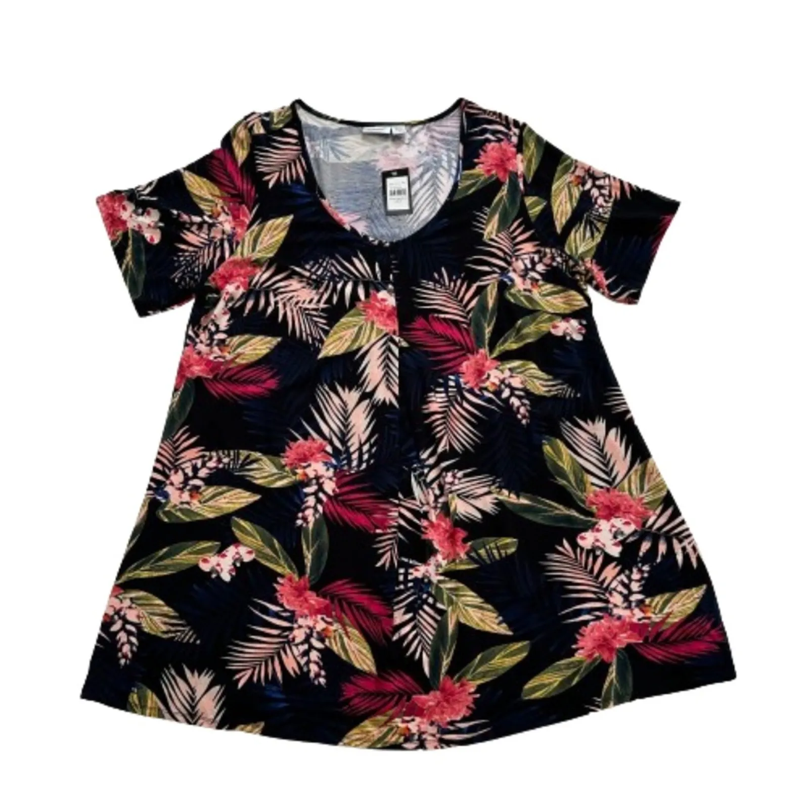 Avenue Top Black Liv Tropical Print Pleat Short Sleeve Tunic Plus Size 20 NEW - Image 12