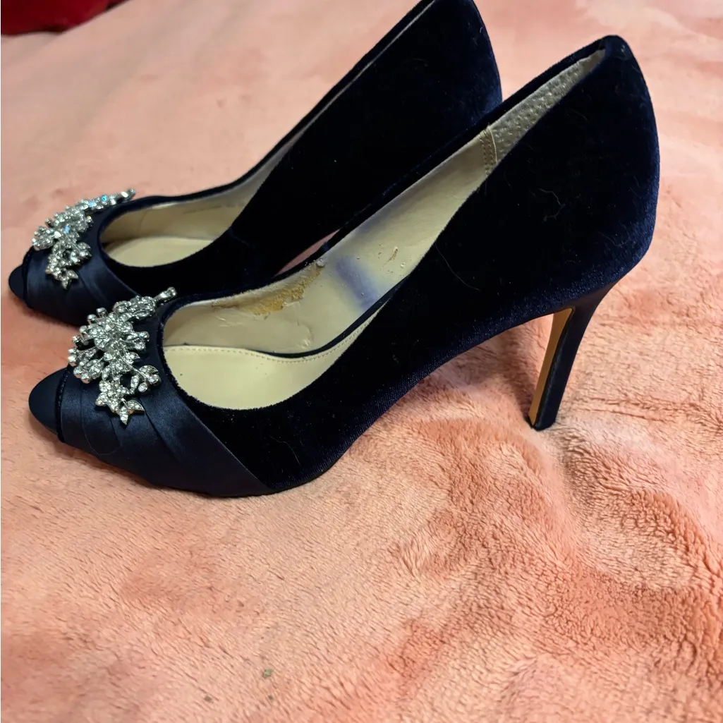 Nina New York Navy Satin Peep Toe Heels Rhinestone Size 6.5 - Image 4