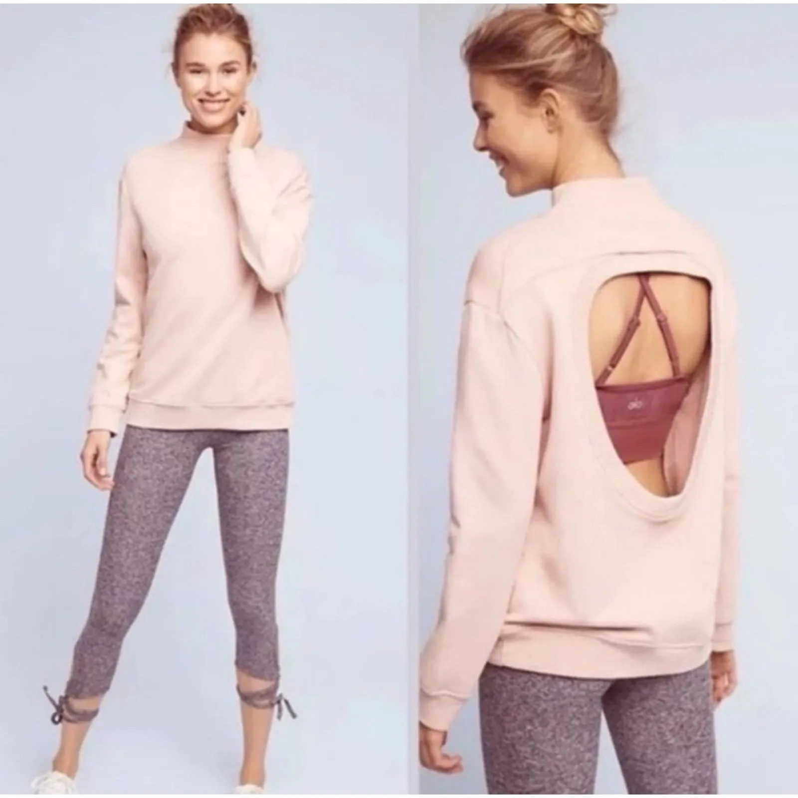 Varley Small Pink Mauve Open Back Mock Neck Sweatshirt Cotton Blend Athleisure - Image 2