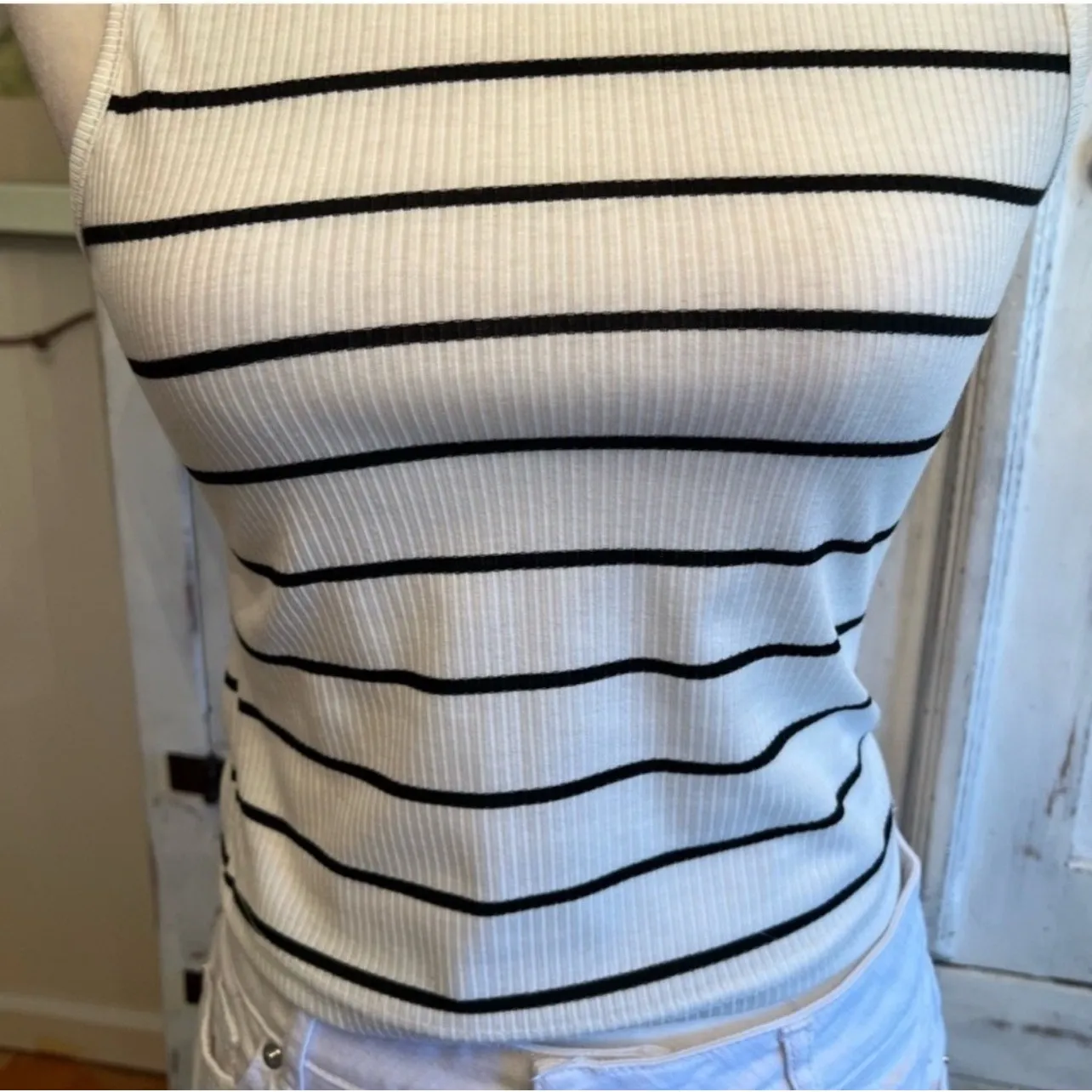 Striped Sleeveless Mock Neck Ribbed Tank Top White Black Minimalist Y2K Small - Image 4