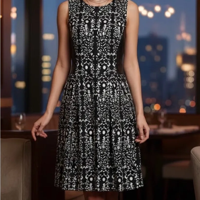 HUNTER BELL Black and White abstract print with leather trim sleeveless dress - Image 5