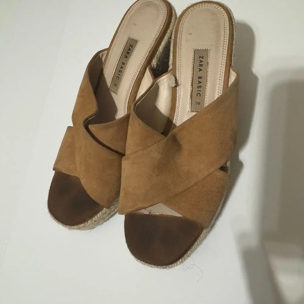 ZARA Women's Tan Suede Espadrille Sandals SZ 38/7.5 block platform heels slip on - Image 3