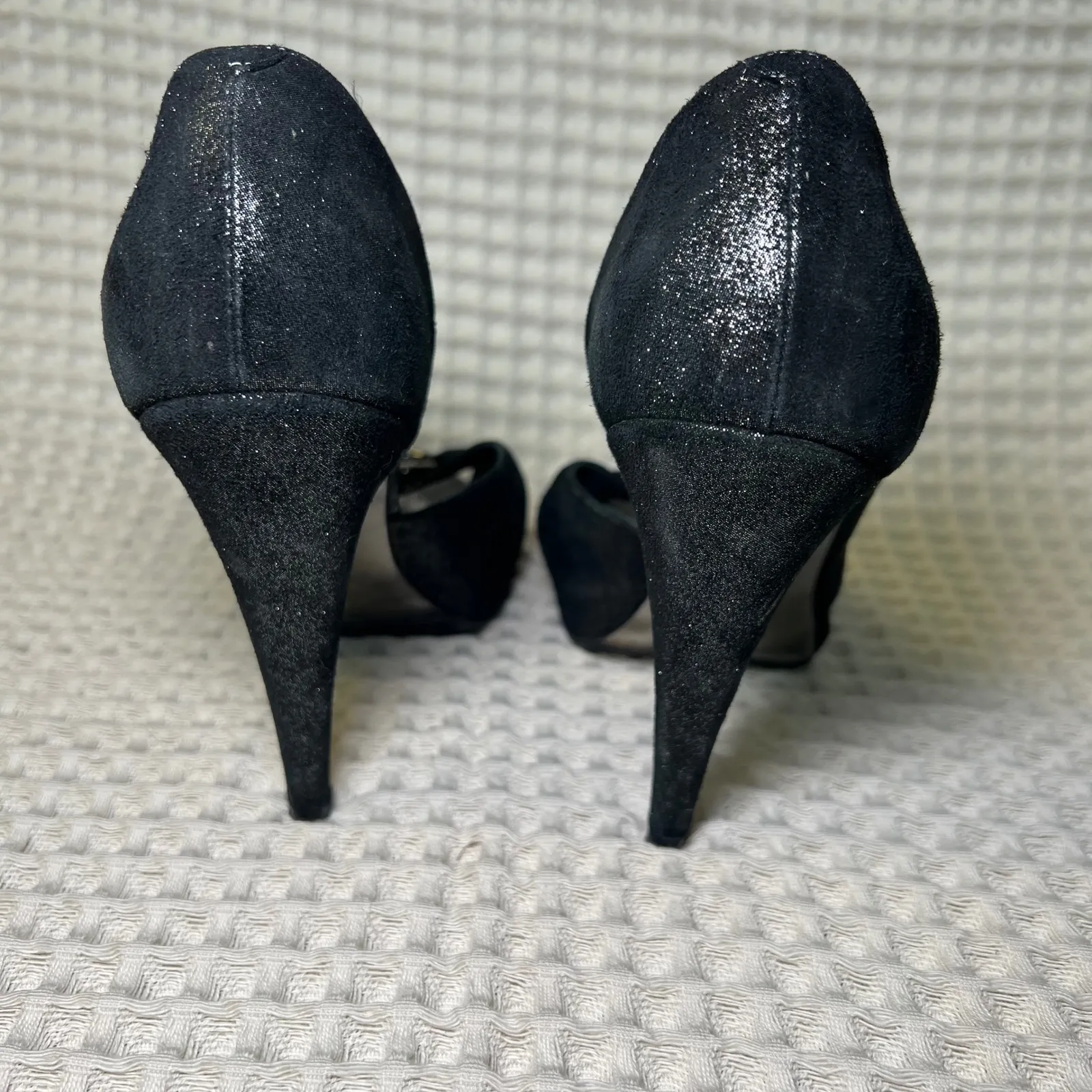 Guillaume Hinfray Vintage Black Glitter Suede Peep Toe Stiletto Heels Italy 37.5 Size 6.5 - Image 5