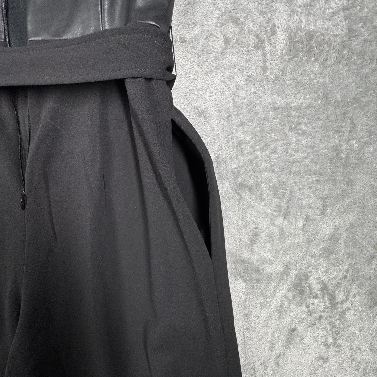 Calvin Klein Jumpsuit XS Black Faux Leather Wide Leg V-Neck Tie Waist Formal - Image 6