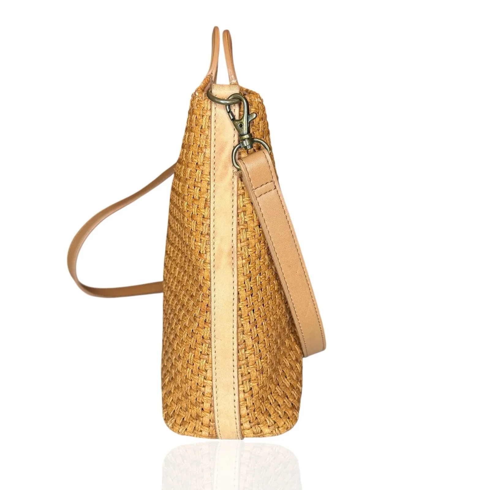 Vintage Fossil Woven Crossbody Hand Bag Wooden Key Leather Trim Medium - Image 4