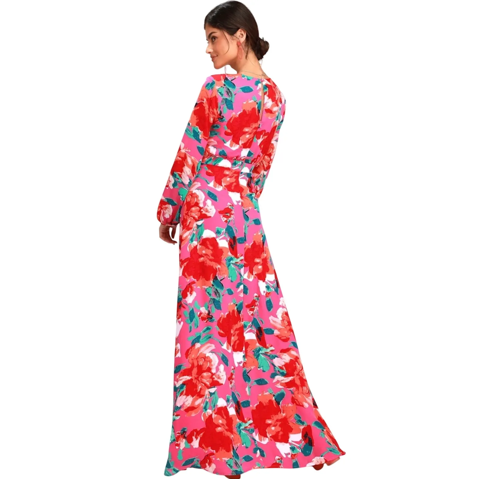 NWT LULUS Women’s Boho Carolita Magenta Floral Long Sleeve Maxi Gown - Image 3