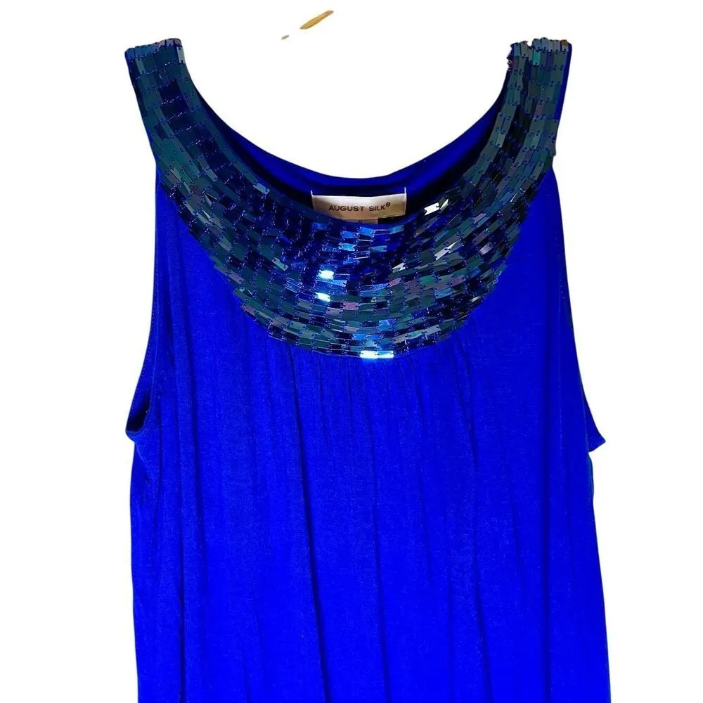 August Silk Women’s Top Shirt Sz Medium Blue Sleeveless Scoop Neck Sequin Blouse - Image 2
